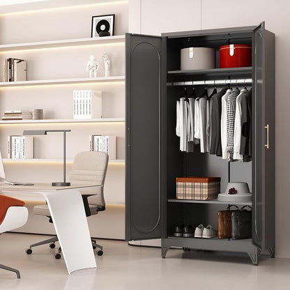 Armoire Wardrobe Closet, 71" Tall Metal Storage Cabinet with Hanging Rod and Adjustable Shelves, Clothes Wardrobe Cabinet, Black Armoires, Steel Closet for Bedroom, Bathroom, Office, School