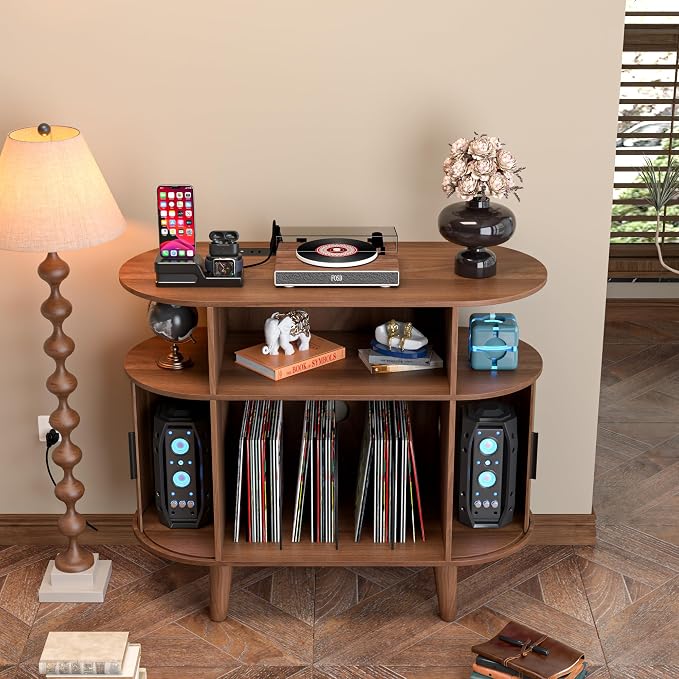 LUVIOHOME Large Round Record Player Stand with Charging Station & USB Ports，Record Storage Cabinet, Mid Century Modern Turntable Stand for Bedroom Living Room (Small Brown)