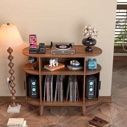 LUVIOHOME Large Round Record Player Stand with Charging Station & USB Ports，Record Storage Cabinet, Mid Century Modern Turntable Stand for Bedroom Living Room (Small Brown)