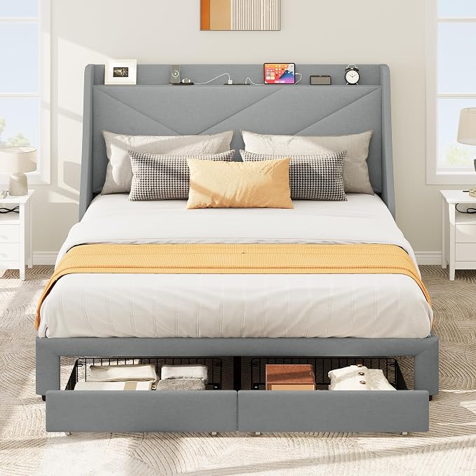 YITAHOME Storage Bed Frame, Queen Size Bed Frame with Type-C & USB Port and 2 Drawers, Upholstered Headboard Storage Shelf Platform Bed, No Box Spring Needed, Easy Assembly, Grey