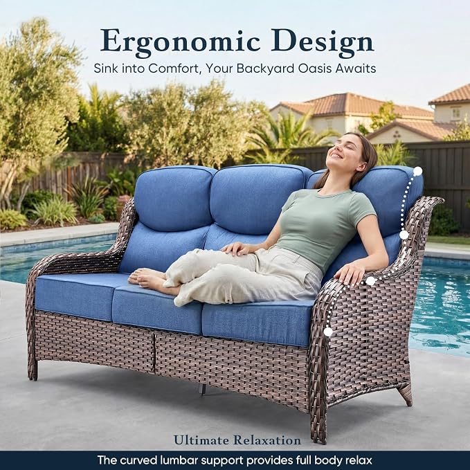 Belord Luxury 6" Thick Cushioned PE Wicker 3-Seater Outdoor Couch, All-Weather Comfortable Modern Patio Sofa, High Back Deep Seat Woven Outdoor Furniture for Porch Balcony, Lawn, Deck - BrownBlue