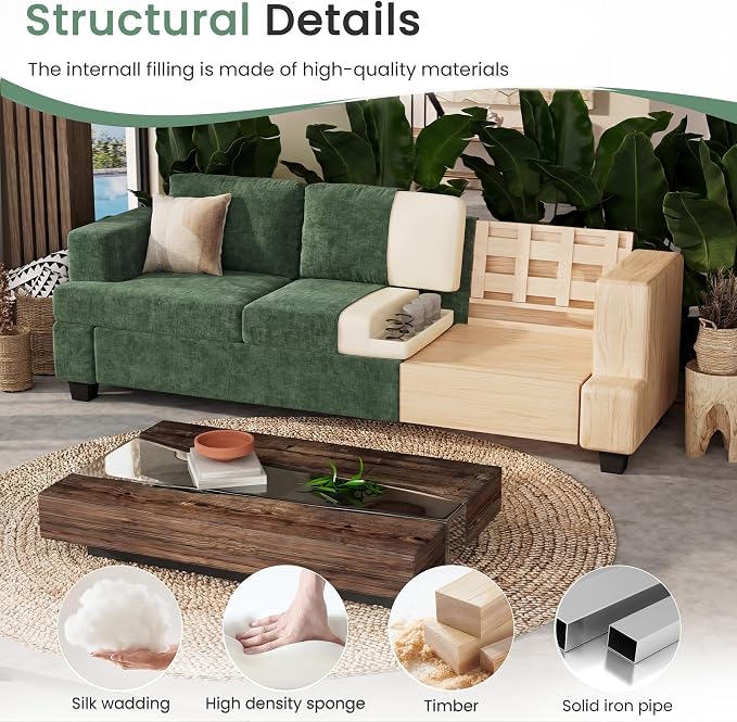 YOUDENOVA 2 Piece Set Comfy Sofa Couch, 3-Seater Sofa * 2 with Deep Seats, Modern Sleeper Couch for Living Room, Green Chenille