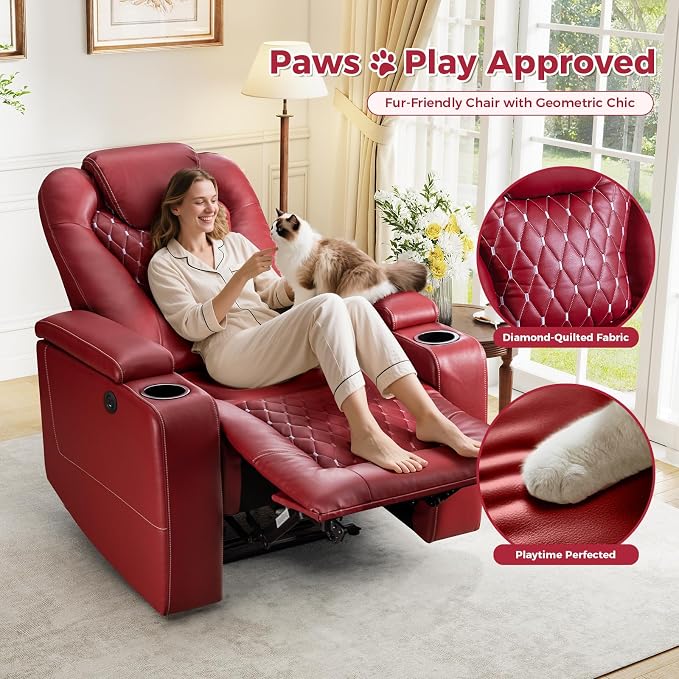ANJ Power Recliner Chair Set of 4, Electric Soft Faux Leather Reclining Home Theater Seating - USB Ports, Cup Holders, Hidden Arm Storage Movie & Media Room Chairs (Red)