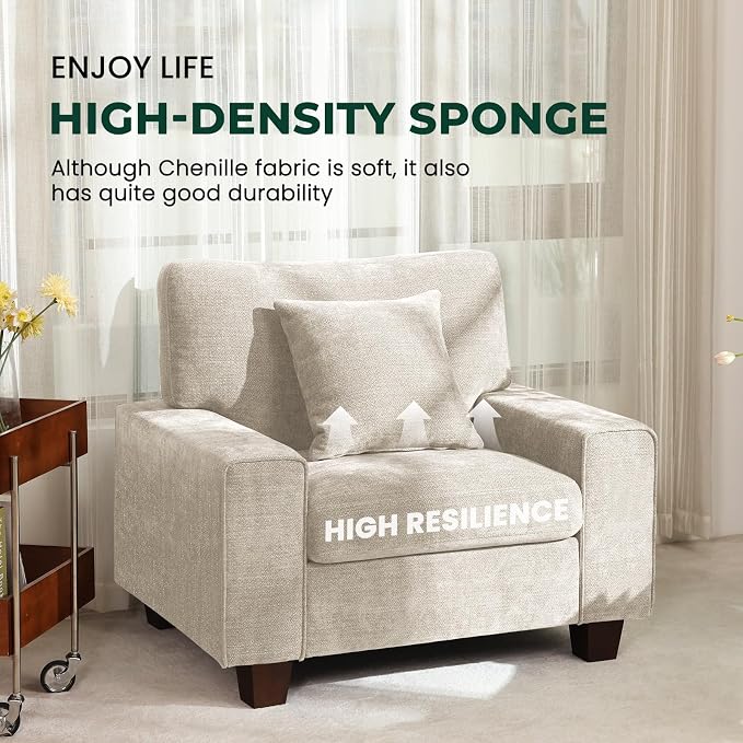 DOPEDIO Modern Living Room Sofa Set, 71.25" Chenille Loveseat with 2 Accent Chairs, Removable Covers, Spring Cushions, Solid Wood Frame, Easy Assembly（71.25inch+2 Single,Beige）