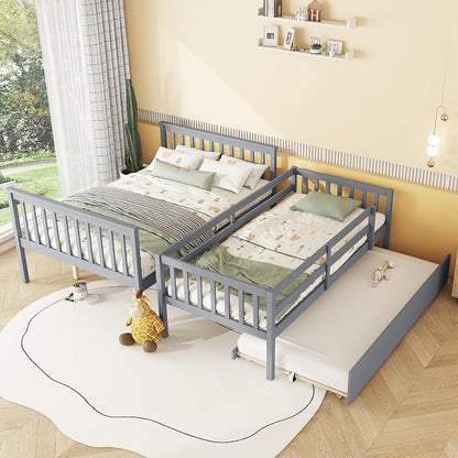 Harper & Bright Designs Convertible Wood Twin-Over-Full Bunk Bed with Trundle and Ladder - Can Be Divided Into Two Platform Beds, Grey