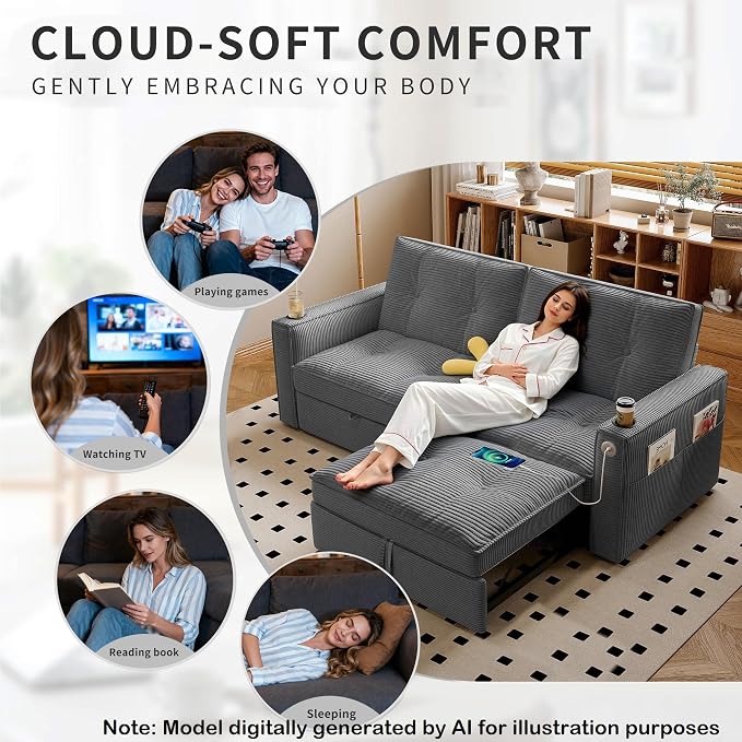 73.2'' Futon Sofa Bed Full Size, Pre-Assembled Pull Out Couch, Adjustable Backrest, Corduroy Convertible Sleeper Sofa, 2 Cup Holders, USB, Pockets, Loveseat for Living Room, Apartment, Grey | Soft Material