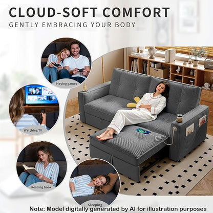 73.2'' Futon Sofa Bed Full Size, Pre-Assembled Pull Out Couch, Adjustable Backrest, Corduroy Convertible Sleeper Sofa, 2 Cup Holders, USB, Pockets, Loveseat for Living Room, Apartment, Grey | Soft Material