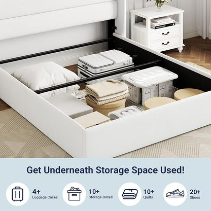 Allewie Full Size Velvet Lift Up Storage Bed, Modern Wingback Headboard, Hydraulic Support, No Box Spring Needed, White