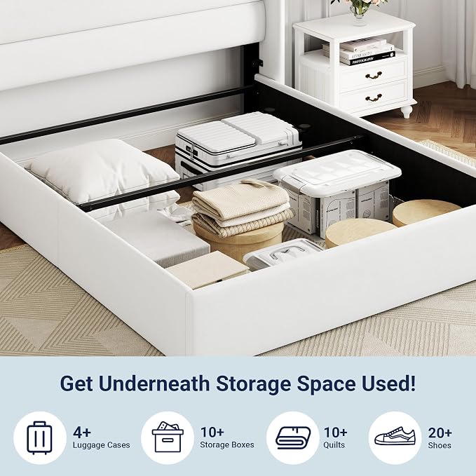 Allewie Queen Size Velvet Lift Up Storage Bed, Modern Wingback Headboard, Hydraulic Support, No Box Spring Needed, White