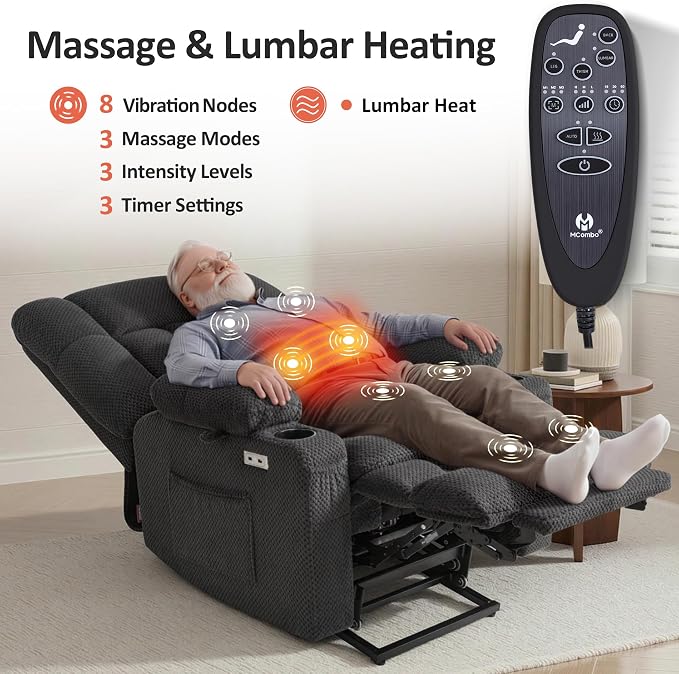 MCombo Large Dual Motor Power Lift Recliner Chair for Elderly, Zero Gravity Lift Chair with Heat and Massage, Infinite Position Lay Flat Recliner, USB Ports, Fabric 7896 (Large, Dark Gray)
