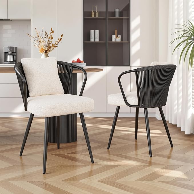 Modern Rattan Dining Chairs Set of 2, Upholstered Kitchen Chair with Metal Legs, Ergonomic Curved Backrest, Rope Weaving Living Room Chairs with Throw Pillow for Kitchen, Black