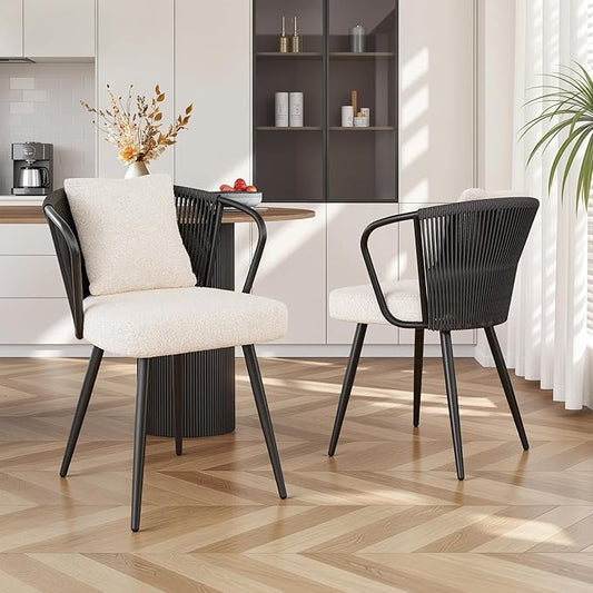 Modern Rattan Dining Chairs Set of 2, Upholstered Kitchen Chair with Metal Legs, Ergonomic Curved Backrest, Rope Weaving Living Room Chairs with Throw Pillow for Kitchen, Black