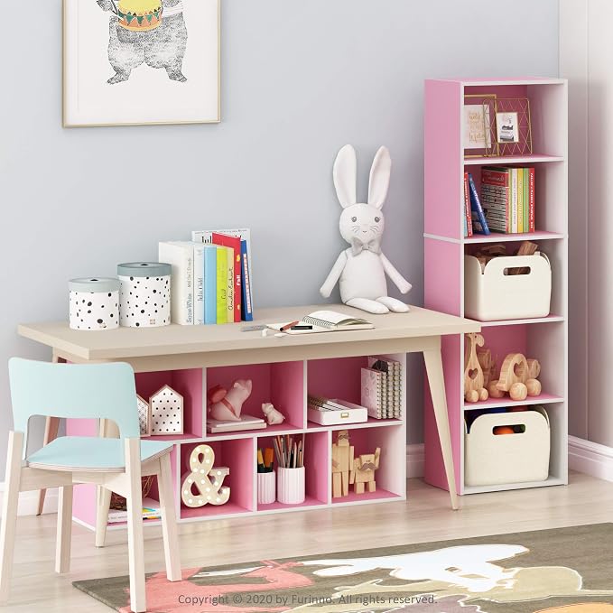 Furinno LUDER Book Shelf, 7-Cube Bookshelf, Bookcase with Open Shelves, 9.4 x 19.5 x 41.7, Easy Assembly, for Living Room, Bedroom, Home Office, White/Pink