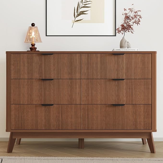 SUNWAVE 6 Drawer Dresser for Bedroom, 49.6" Wide Modern Fluted Dresser with Round Corner, Wood Chest of Drawers for Living Room (Walnut)