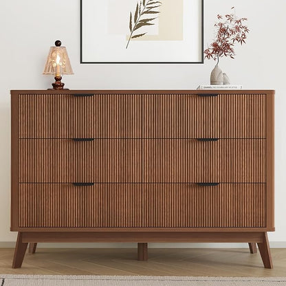 SUNWAVE 6 Drawer Dresser for Bedroom, 49.6" Wide Modern Fluted Dresser with Round Corner, Wood Chest of Drawers for Living Room (Walnut)