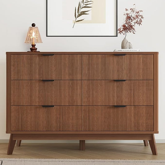 SUNWAVE 6 Drawer Dresser for Bedroom, 49.6" Wide Modern Fluted Dresser with Round Corner, Wood Chest of Drawers for Living Room (Walnut)