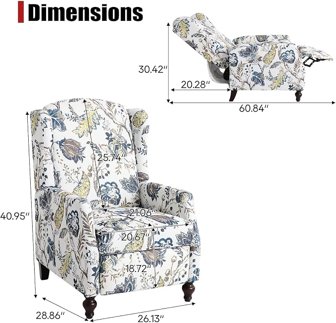 Upholstered Wingback Recliner Chair - Traditional Push Back Recliner Chair with Padded Seat, Fabric Floral Recliner Chair, Wingback Chair Small Recliners for Small Spaces