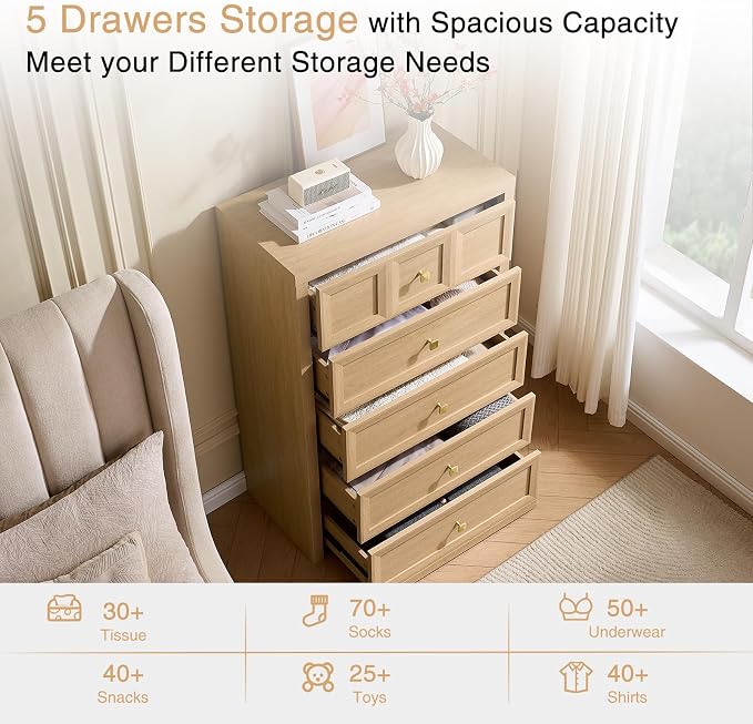 5 Drawers Dresser for Bedroom, 45.7" Tall Large Dresser & Chests of Drawers with Metal Handle, Clothes Storage Organizer w/Natural Texture for Bedroom, Living Room,Natural