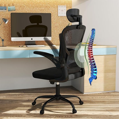ralex-chair Ergonomic Office Chair with Adjustable Headrest & Lumbar Support, Computer Desk Chair with Flip-Up Armrests, Comfortable for Home, Office, Conference Room