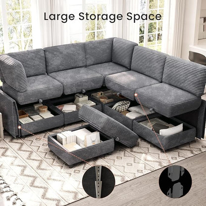 KKL Modular Sectional Sofa V-Shaped 6 Seater Couch with Storage Ottoman, Convertible L/J-Shaped Couch and Sofa Bed Plush Wide-Wale Corduroy for Living Room, Apartment, Modern Design, Gray