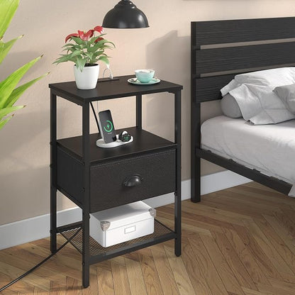 sthmec Nightstands Set of 2, Black Night Stands with Charging Station, Bedside Tables with Drawers PU Finish, 2-Tier Side Table with Open Shelf, Nightstands with Drawer,Black