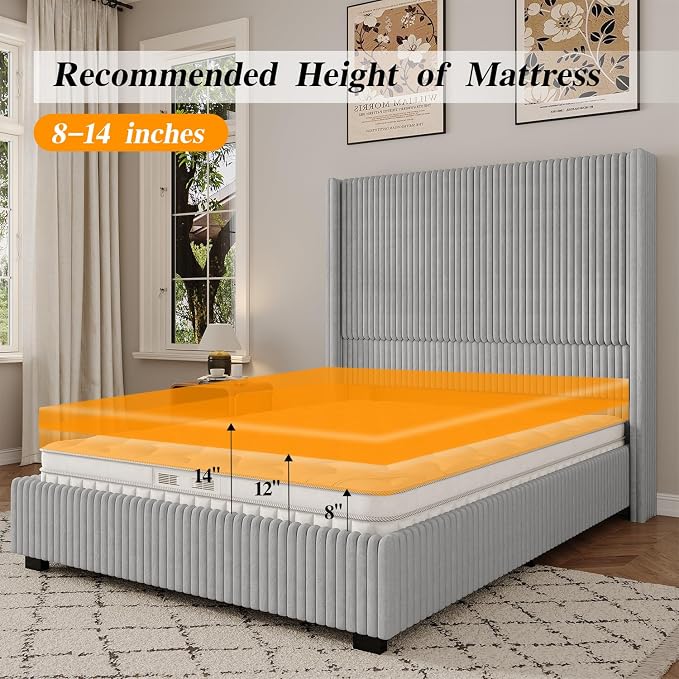 UNIQUITE Queen Size Lift Up Storage Bed Frame with 51 Inch Tall Wingback Headboard, Corduroy Upholstered Platform Bed with Hydraulic Storage, 2 USB Ports, No Box Spring Needed, Noise-Free, Light Grey