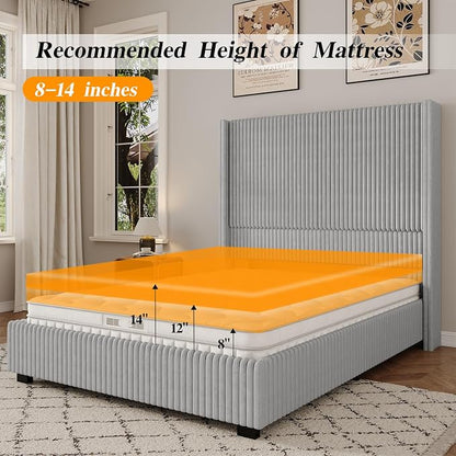 UNIQUITE Queen Size Lift Up Storage Bed Frame with 51 Inch Tall Wingback Headboard, Corduroy Upholstered Platform Bed with Hydraulic Storage, 2 USB Ports, No Box Spring Needed, Noise-Free, Light Grey