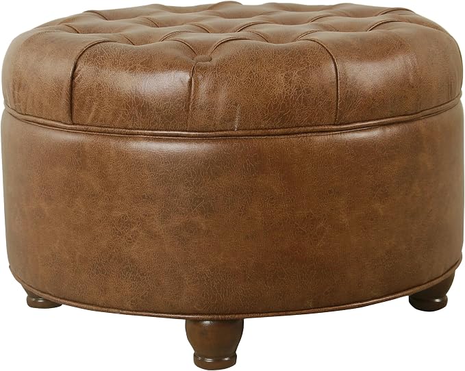 HomePop 25" Button Tufted Round Storage Ottoman - Brown Faux Leather