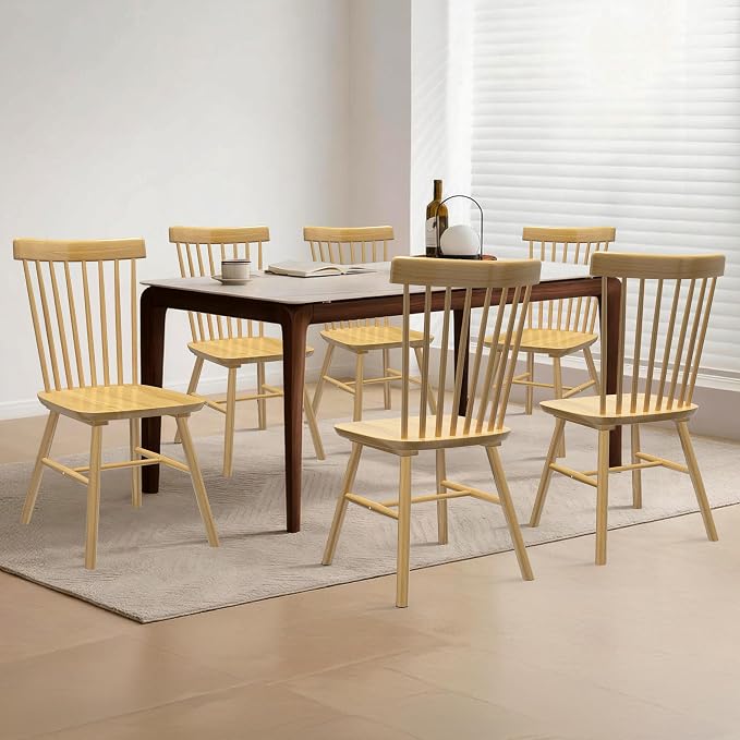 AreShark Windsor Dining Chairs, Farmhouse Wooden Dining Room Chairs, Solid Wood Kitchen Chairs with Spindle Back Set of 4, Natural Wood