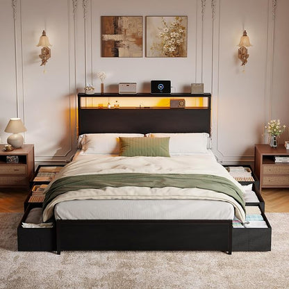 Forestell Full Size Bed Frame with Storage Headboard & 6 Drawers, Metal Platform Bed Frame with LED Lights & Charging Station, 2 Tier Shelf Storage Bedframe, No Box Spring Needed, Noise Free, Black