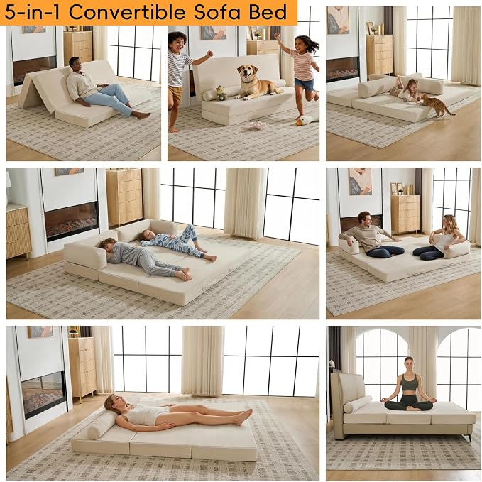 5-in-1 Convertible Sofa Bed, 78" Boneless Couch Tri Folding Mattress with Removable L-Shaped Armrests, Corduroy Futon Couch Sleeper with Pull Out Bed for Living Room Bedroom Apartment, Beige