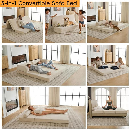 5-in-1 Convertible Sofa Bed, 78" Boneless Couch Tri Folding Mattress with Removable L-Shaped Armrests, Corduroy Futon Couch Sleeper with Pull Out Bed for Living Room Bedroom Apartment, Beige
