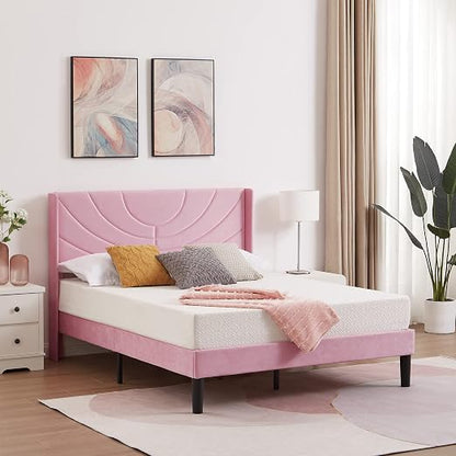 VECELO Queen Size Bed Frame Upholstered Platform with Fabric Headboard/Wooden Slats Support/No Box Spring Needed/Mattress Foundation,Pink