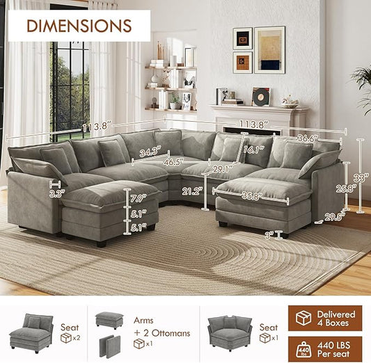 WorthFurni 114” Oversized Modular Sectional Sofa, 7-Seater V Shaped Cloud Couch Set, Comfy Chenille Deep Seat Couches with 2 Movable Ottomans, DIY Combination for Living Room (Gray)