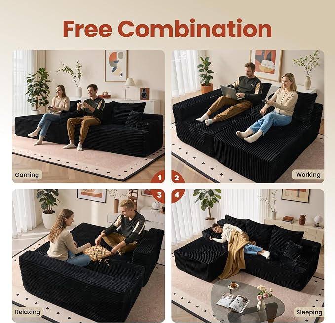 ovios 96" Cloud Sectional Couch with L-Shape Chaise,Modern Modular Sofa with Deep Seat, Upholstered Couches for Living Room Bedroom,No Assembly Required, Black (Plush Corduroy Fabric)