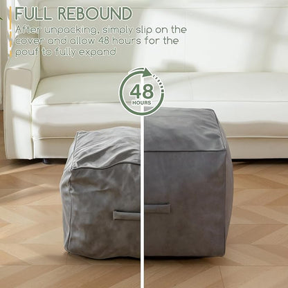 HIGOGOGO Square Stuffed Pouf Ottoman, Pu Leather Poufs with Foam Chunk Filling, Furry and Fluffy Pouf Foot Stool Storage Ottoman,26x18 Inches Floor Poufs Foot Rest for Living Room, Grey