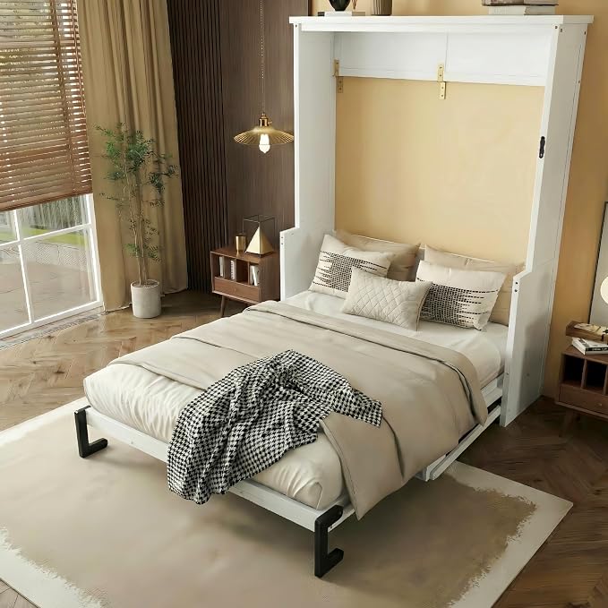 PVWIIK Queen Size Murphy Bed with Desk,Storage Shelf for Small Space,Bedroom,Guest Room,Wood Hidden Wall Multifunctional Bed Space-Saving Cabinet,White