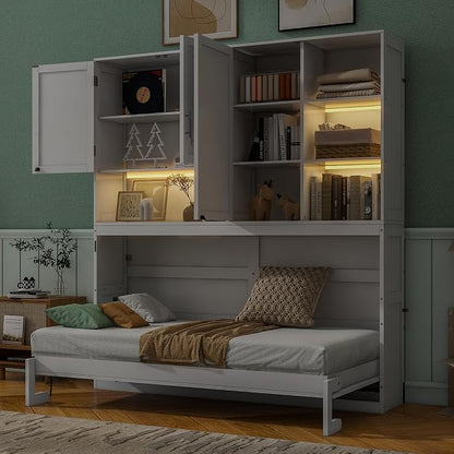 Ball & Cast Murphy Bed Twin Bed Frame with Top Cabinet,Hideaway Bedframe w/Shelves and Dual-Piston Metal Folding Mechanism,Space Saving Foldable Bed w/Light & USB,for Small Room,White