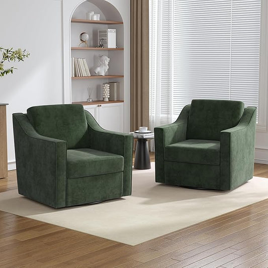 Swivel Accent Chairs Set of 2, 360° Swivel Upholstered Club Armchairs for Living Room, Comfy Single Sofa Reading Chair with Deep Seat, Metal Swivel Base, Chenille Fabric, Green