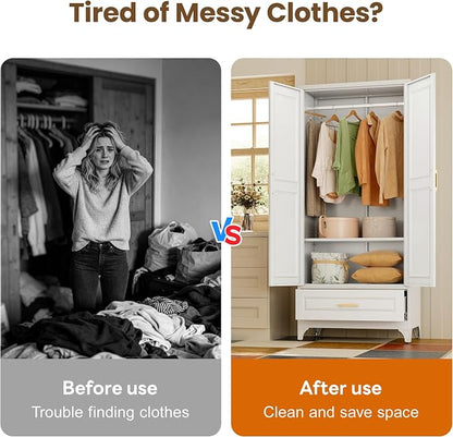 Metal Wardrobe Cabinets with Drawers,Black Armoire Wardrobe Closet with Hanging Rod,Clothes Storage Cabinet with Adjustable Shelves and Doors,Clothing Cabinet for Bedroom,Laundry Room