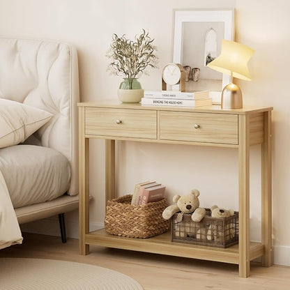 Gizoon 2 Drawer Console Table, 2-Tier Wood Entryway Table with Storage Shelves, 39" W Wood Accent Sofa Table for Front Hall, Hallway, Living Room, Oak Color
