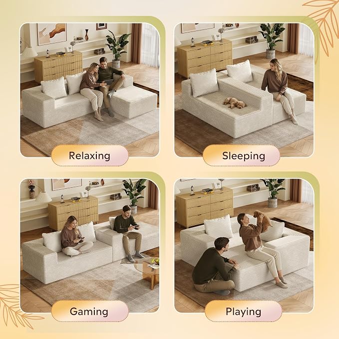 WLIVE 104'' Cloud Sectional Couches for Living Room, Modular Boneless Couch with Left Facing Chaise, L Shape Memory Foam Corduroy, with Cushion, Beige