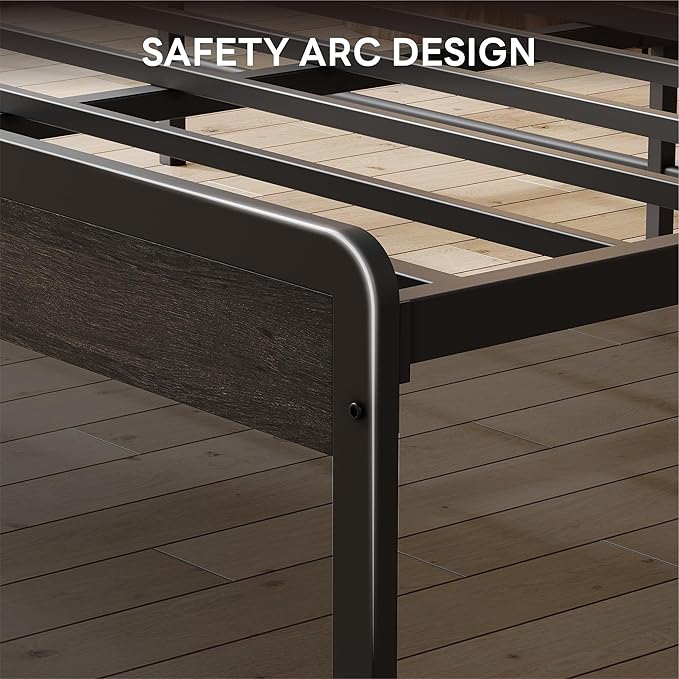 LIKIMIO King Bed Frame with Headboard, Dark Wood Camas King with Strong Supports, Sturdy, Noise-Free, No Box Spring Needed, Grey