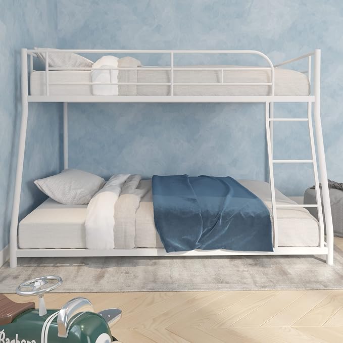 Metal Bunk Bed Twin Over Full Size with Removable Stairs, Heavy Duty Sturdy Frame with Full Length Safety Guardrail for Teen & Adults, Teens, No Box Spring Needed (White)