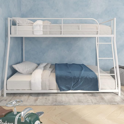 Metal Bunk Bed Twin Over Full Size with Removable Stairs, Heavy Duty Sturdy Frame with Full Length Safety Guardrail for Teen & Adults, Teens, No Box Spring Needed (White)