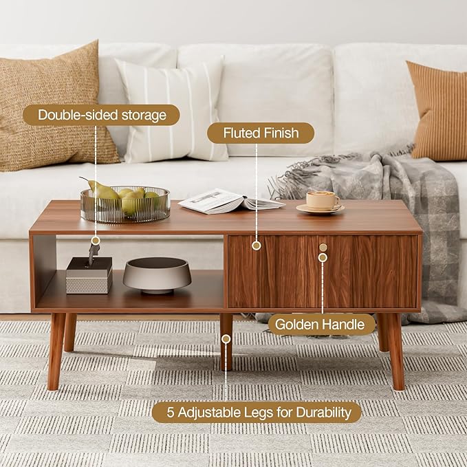 LCRBOL Coffee Table with Fluted Drawer, Mid-Century, Walnut | 39.3"W x 19.7"D x 17.1"H, 1 fluted drawer & open shelf, golden handle, 5 legs, ~45 min assembly