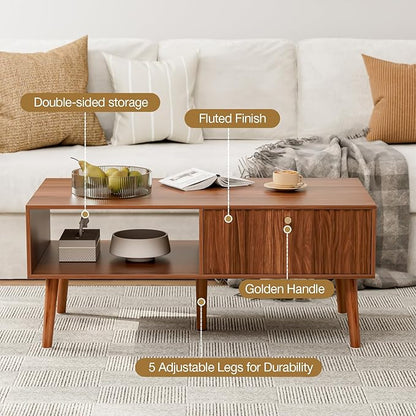 LCRBOL Coffee Table with Fluted Drawer, Mid-Century, Walnut | 39.3"W x 19.7"D x 17.1"H, 1 fluted drawer & open shelf, golden handle, 5 legs, ~45 min assembly