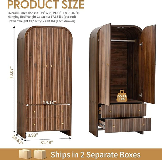 LEVNARY Arched Armoire Wardrobe Closet, Mid-Century Modern 2-Door Freestanding Wardrobe with Hanging Rod and 2 Drawers, Fluted Carved Clothing Storage Cabinet for Bedroom (Walnut)