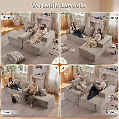 107" Cloud Sectional Couch with L-Shape Chaise, Modern Modular Comfy Sofa Chaise Longue, Upholstered Corduroy Couches Sleeper with Deep Seat for Living Room Bedroom, No Assembly Required, Camel