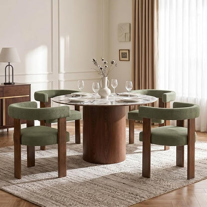 Usaint Wooden Barrel Dining Chairs Set of 4, Mid-Century Modern Upholstered Dining Room Chairs with Walnut Wood Legs and Loop Back, Comfy Accent Arm Chair for Dining Room, Kitchen, Living Room, Green